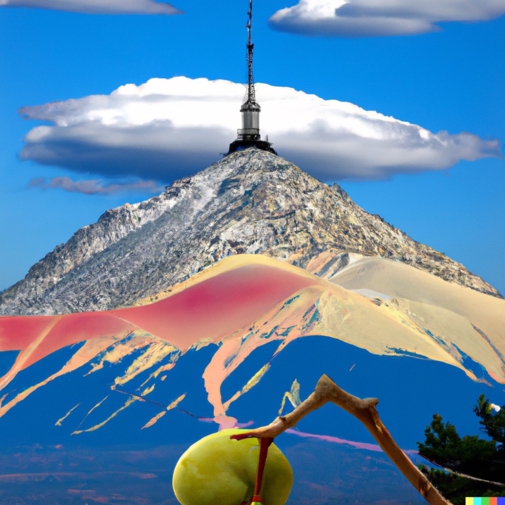 De Mont Ventoux in de stijl van Salvador Dalí. Afbeelding: DALL-E | OpenAI.