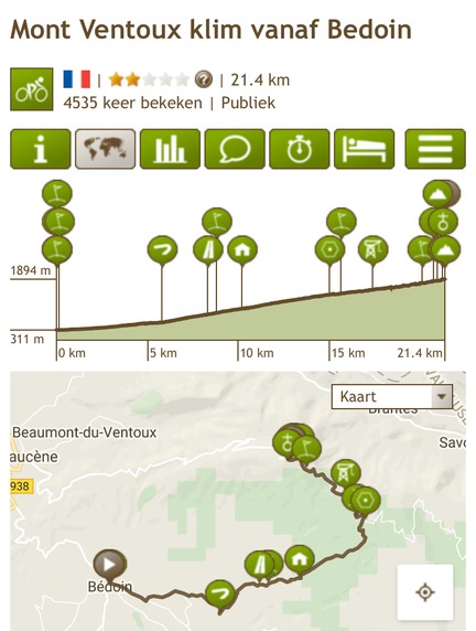 Klik voor een interactieve kaart van de route van De klim vanuit Bedoin op RouteYou